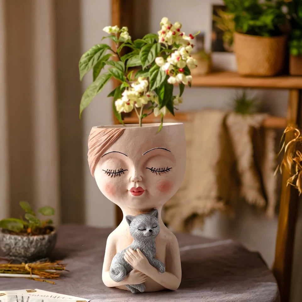 Girl & her dog / cat planter