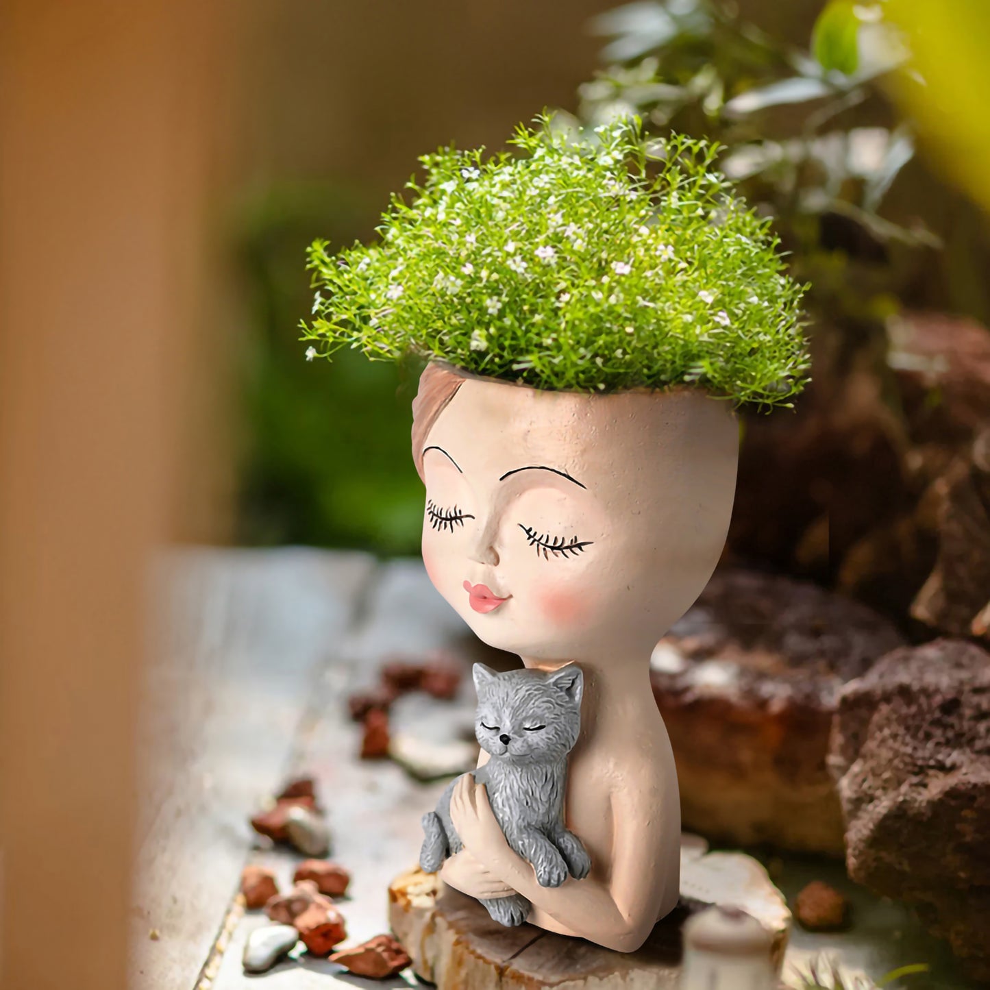 Girl & her dog / cat planter